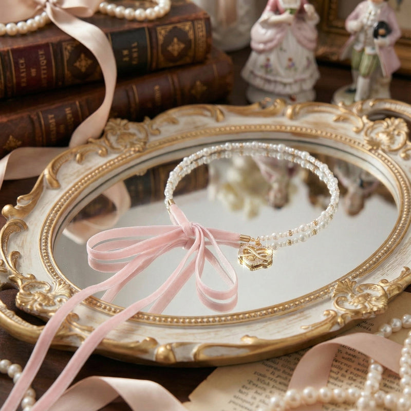 Freshwater pearls, pink velvet, 12 zodiac signs pendant