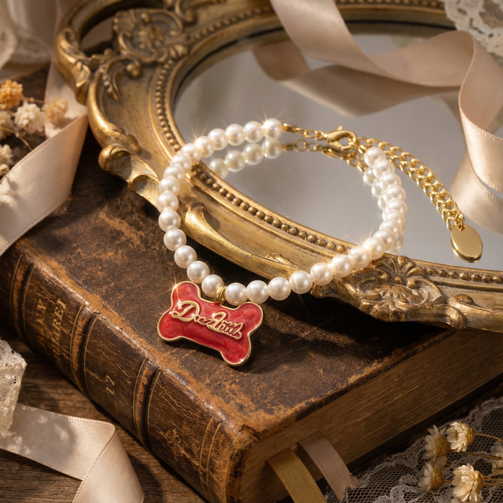 Side view of Rococo style bracelet highlighting the thickness of the gold bone frame and red enamel work