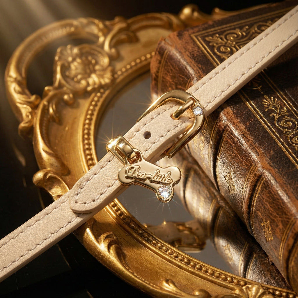 Macro detail shot of the polished 18k gold-plated bone pendant charm attached to the cream leather band