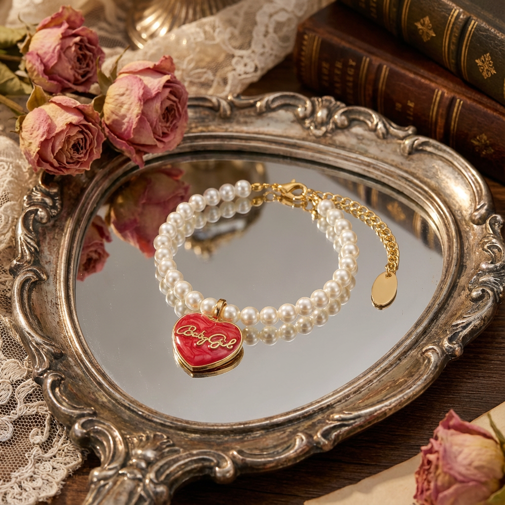 Flat lay of Coquette style pearl bracelet showing the gold framed enamel heart pendant and durable stringing