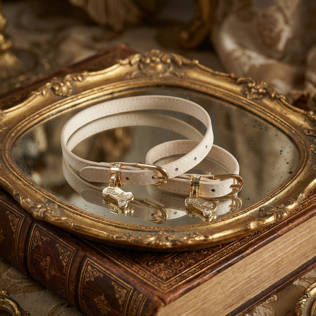 Matching accessory set including a soft pink leather choker necklace and coordinating items with gold hardware details