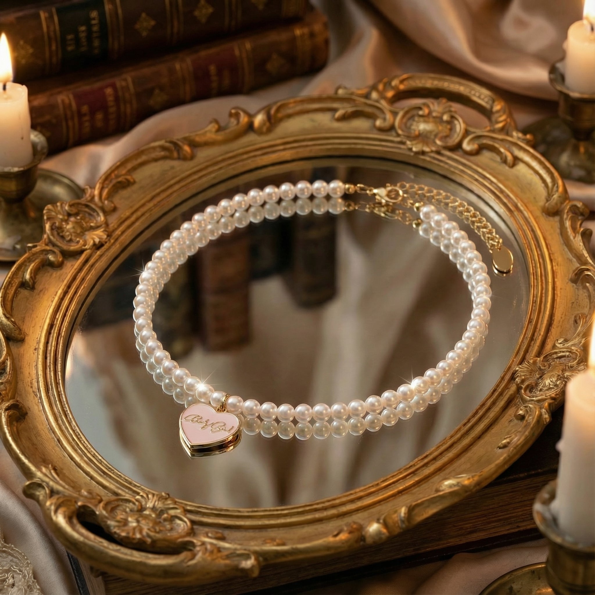 Top view of freshwater pearl choker necklace featuring an elegant cream white enamel heart pendant