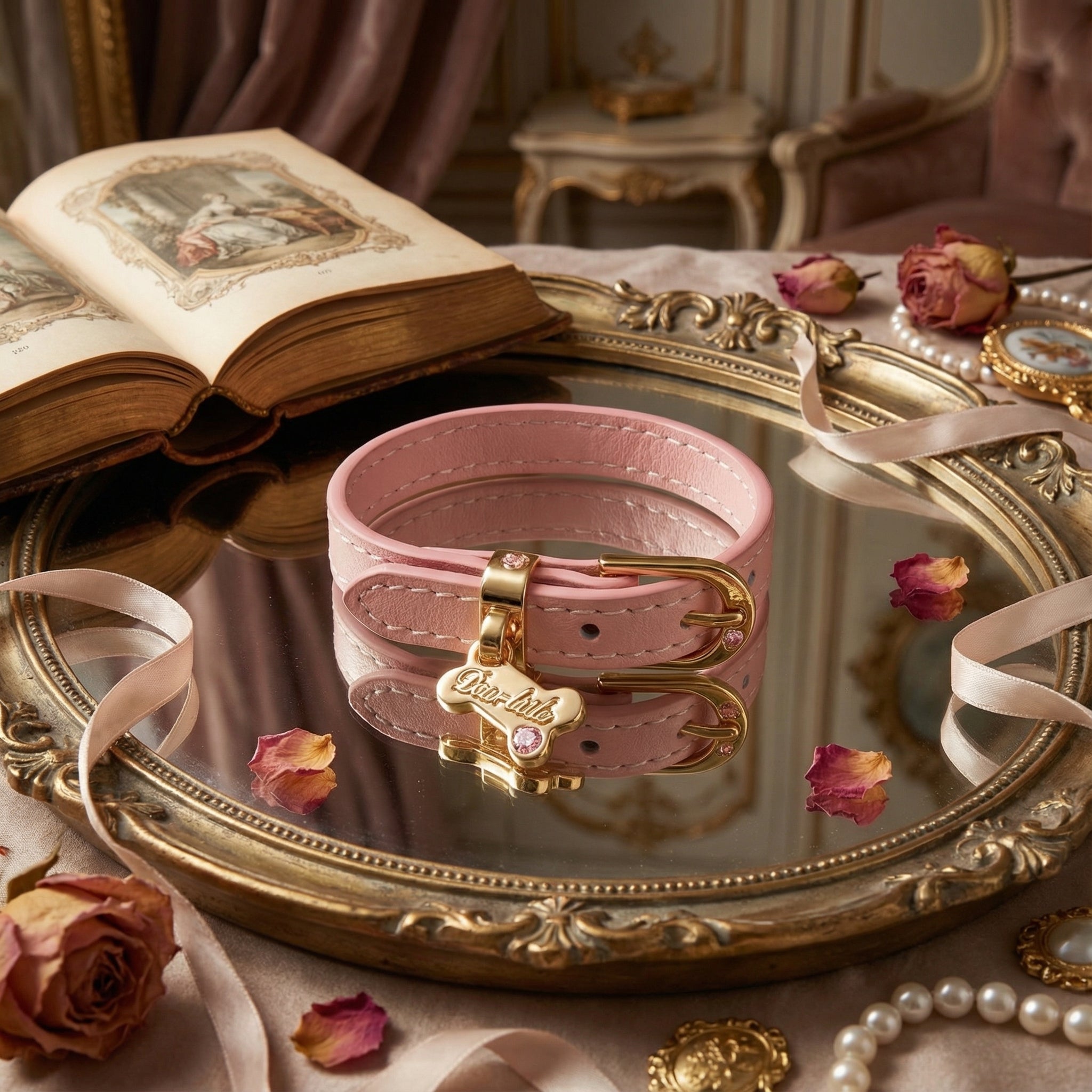 Soft pink top grain calfskin leather necklace with contrasting 18k gold-plated hardware details