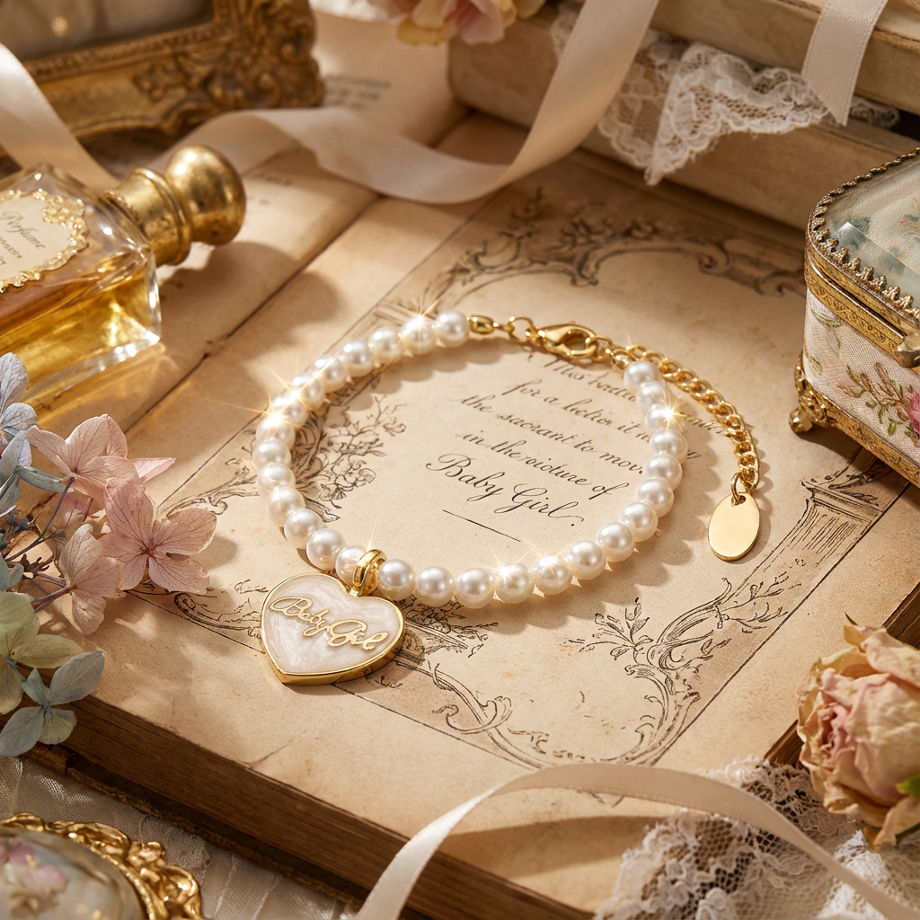 Luxury gift ready packaging shot of the Selviora Babygirl enamel pearl bracelet