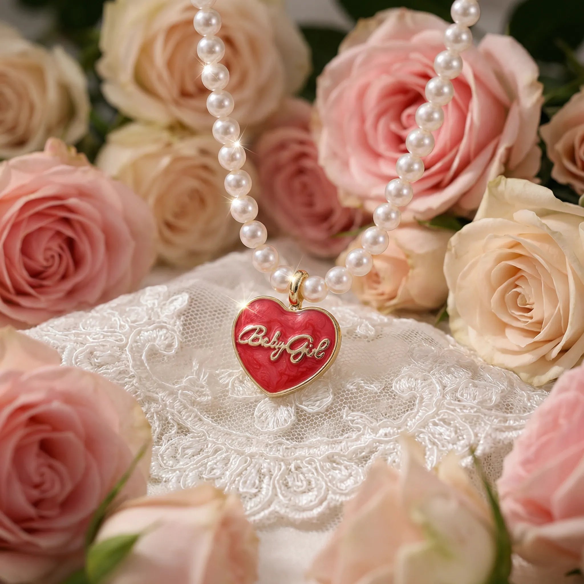 The Signature Freshwater Pearl Choker with Gold Enamel Charm(Red Heart-Shaped Pendant)