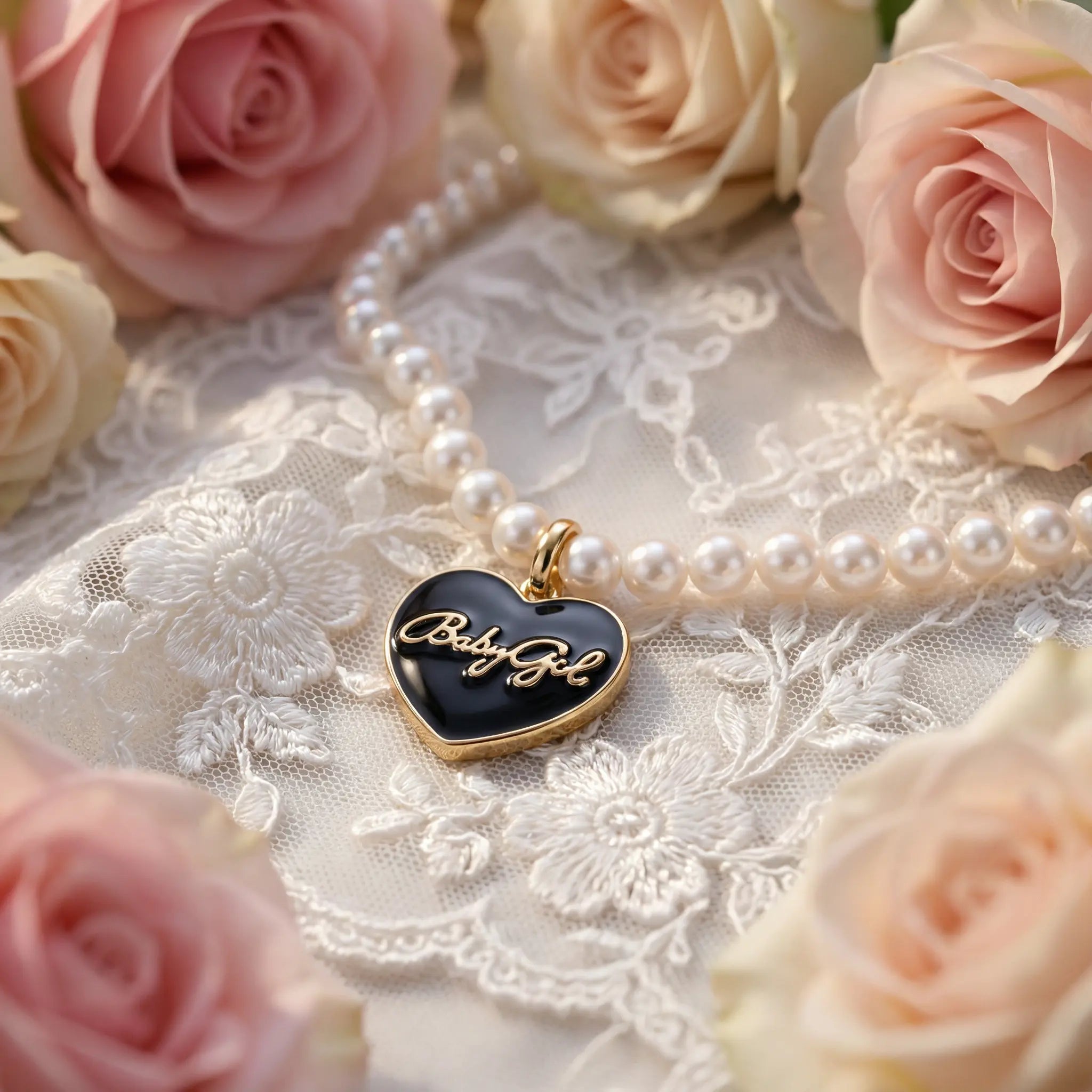 Freshwater pearl bracelet with a black heart charm in Y2K style