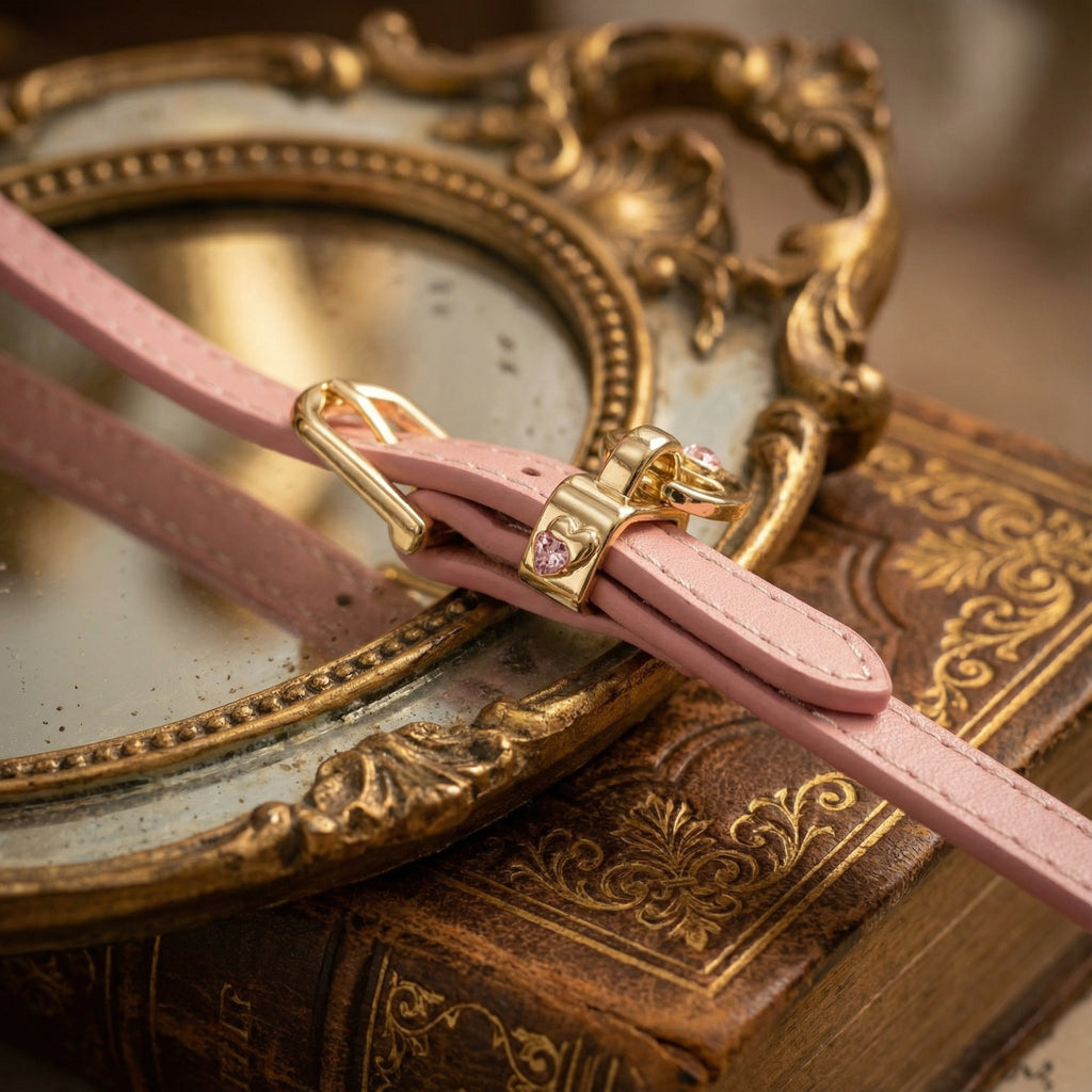 It showcases the pink calfskin choker with an 18k gold-plated pin buckle.