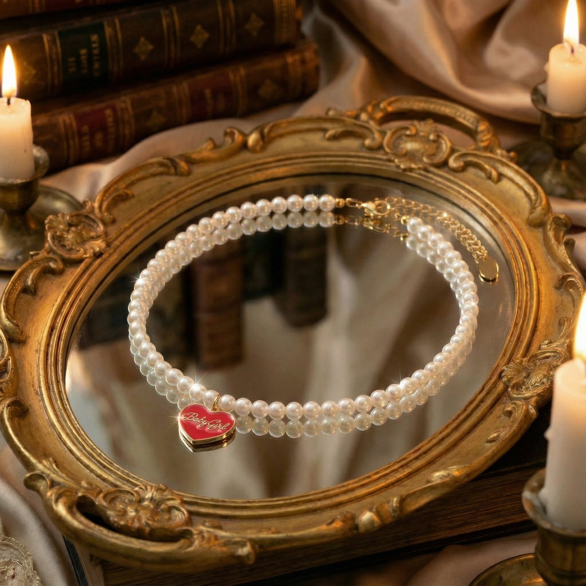 Top view of freshwater pearl choker necklace featuring a glossy red enamel heart pendant