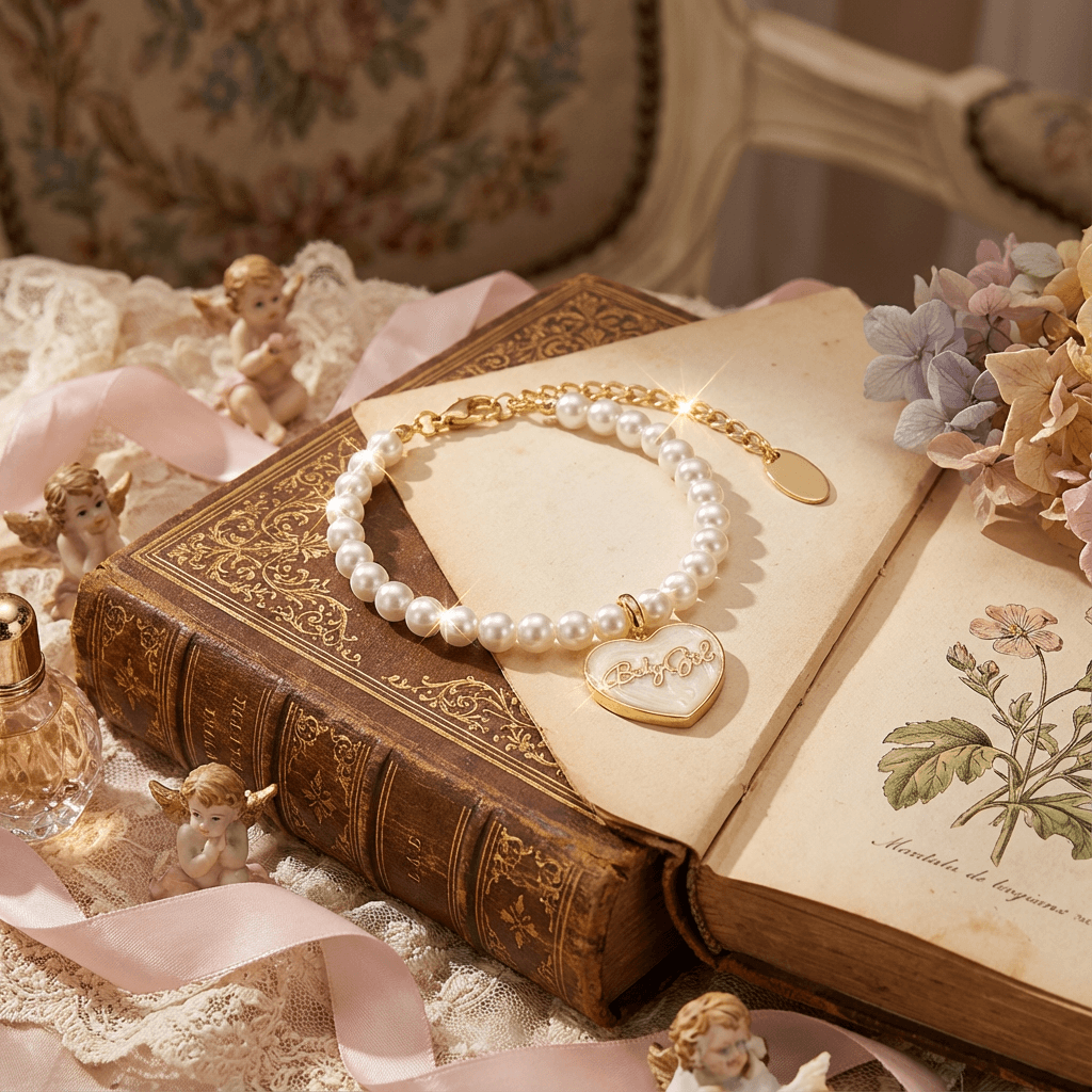 Styling inspiration: Gold and pearl bracelet stack featuring the signature Babygirl heart charm