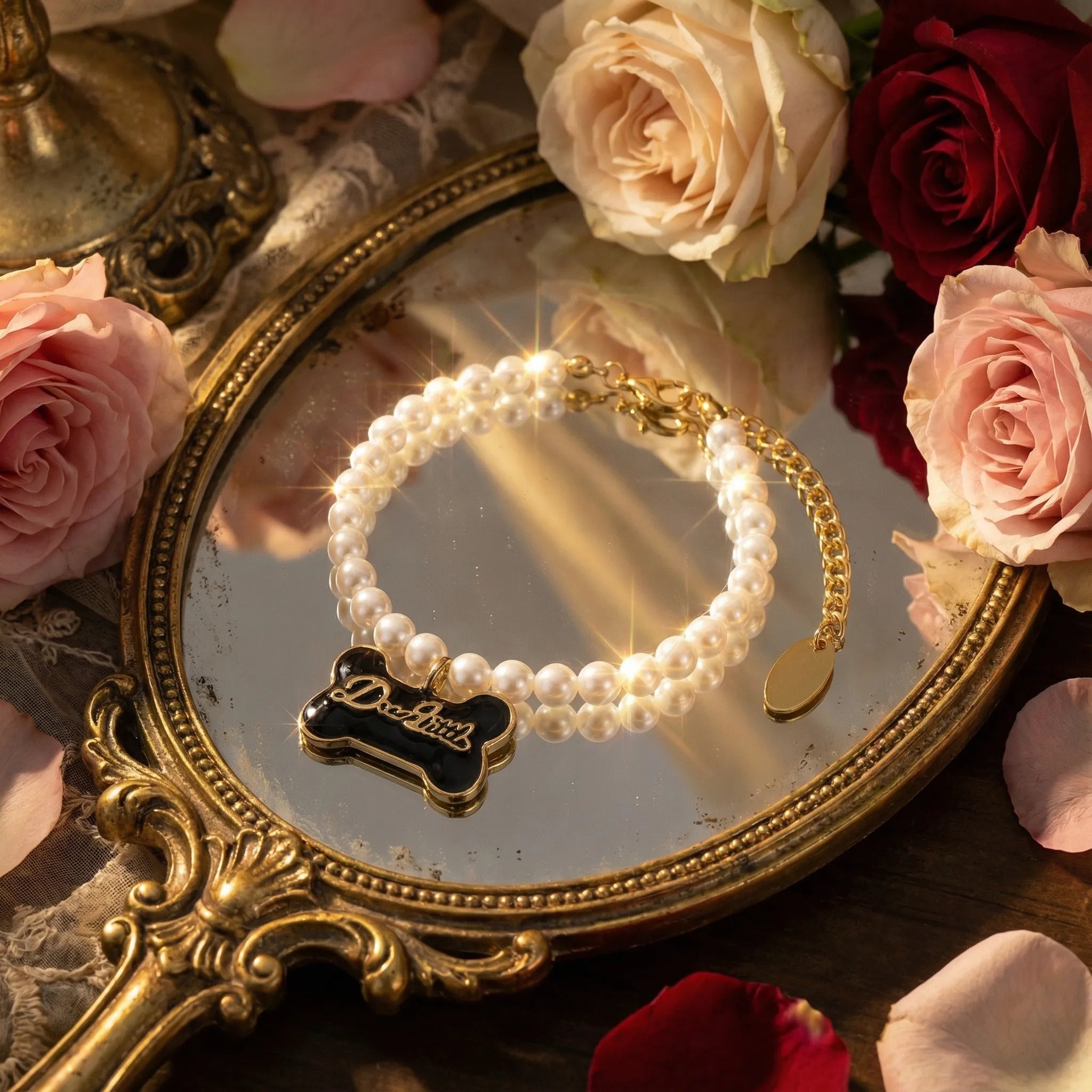 The Gilded Bone Rococo Pearl Bracelet(Black Enamel Bone)