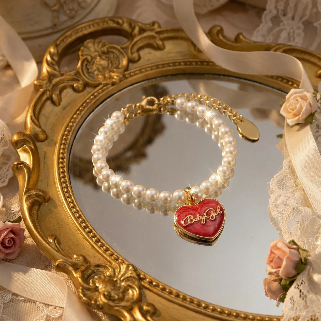 Freshwater Pearl Bracelet: Timeless Classic for Everyday Pearl Jewelry(Red Enamel Heart-Shaped Pendant)