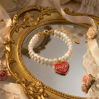 Freshwater Pearl Bracelet: Timeless Classic for Everyday Pearl Jewelry(Red Enamel Heart-Shaped Pendant)