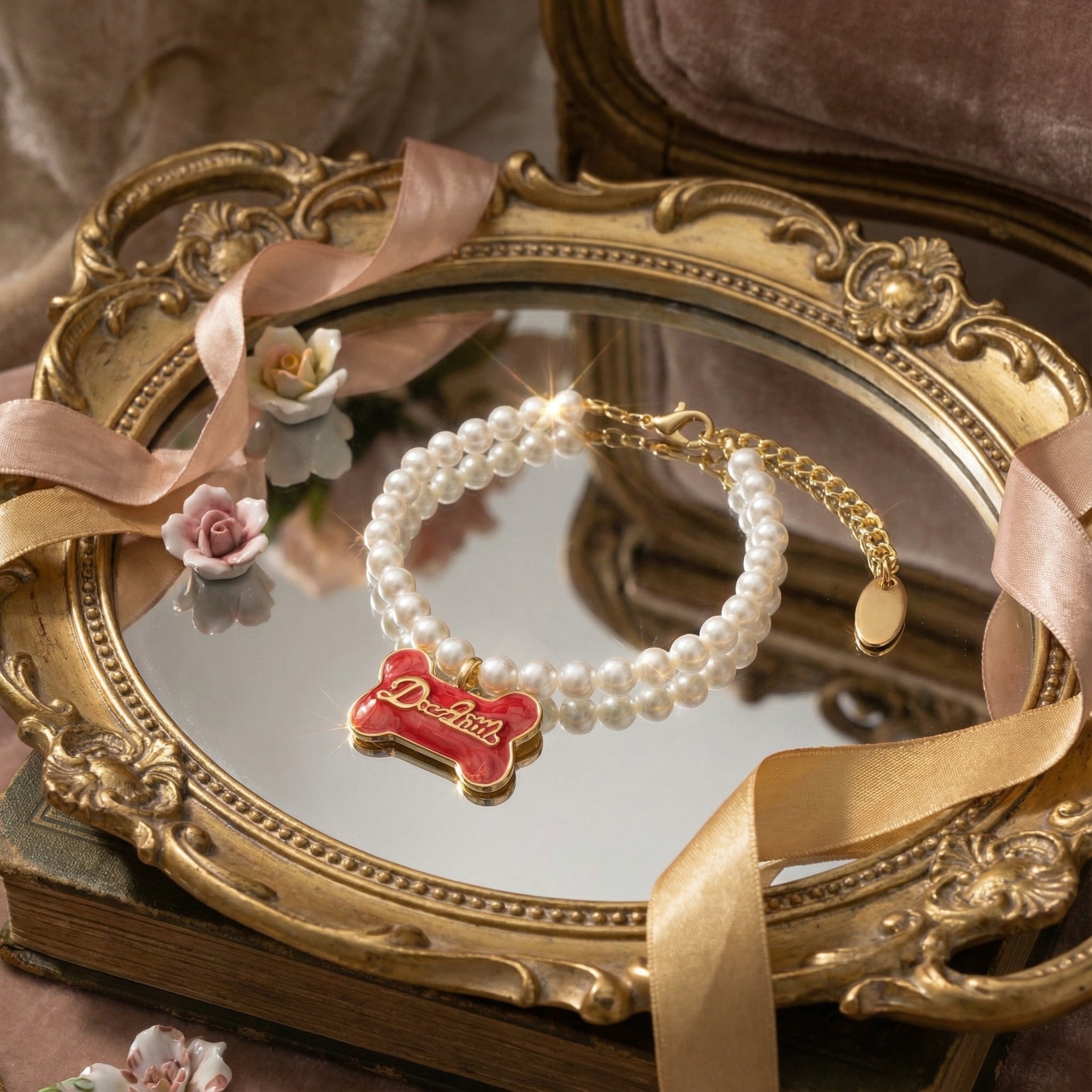 Coquette aesthetic photography: Sleviora enamel bone bracelet displayed on vintage vanity mirror