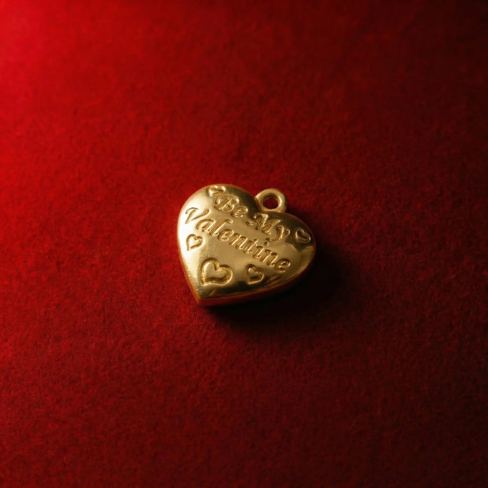 A golden heart pendant with the romantic message “Be My Valentine.”