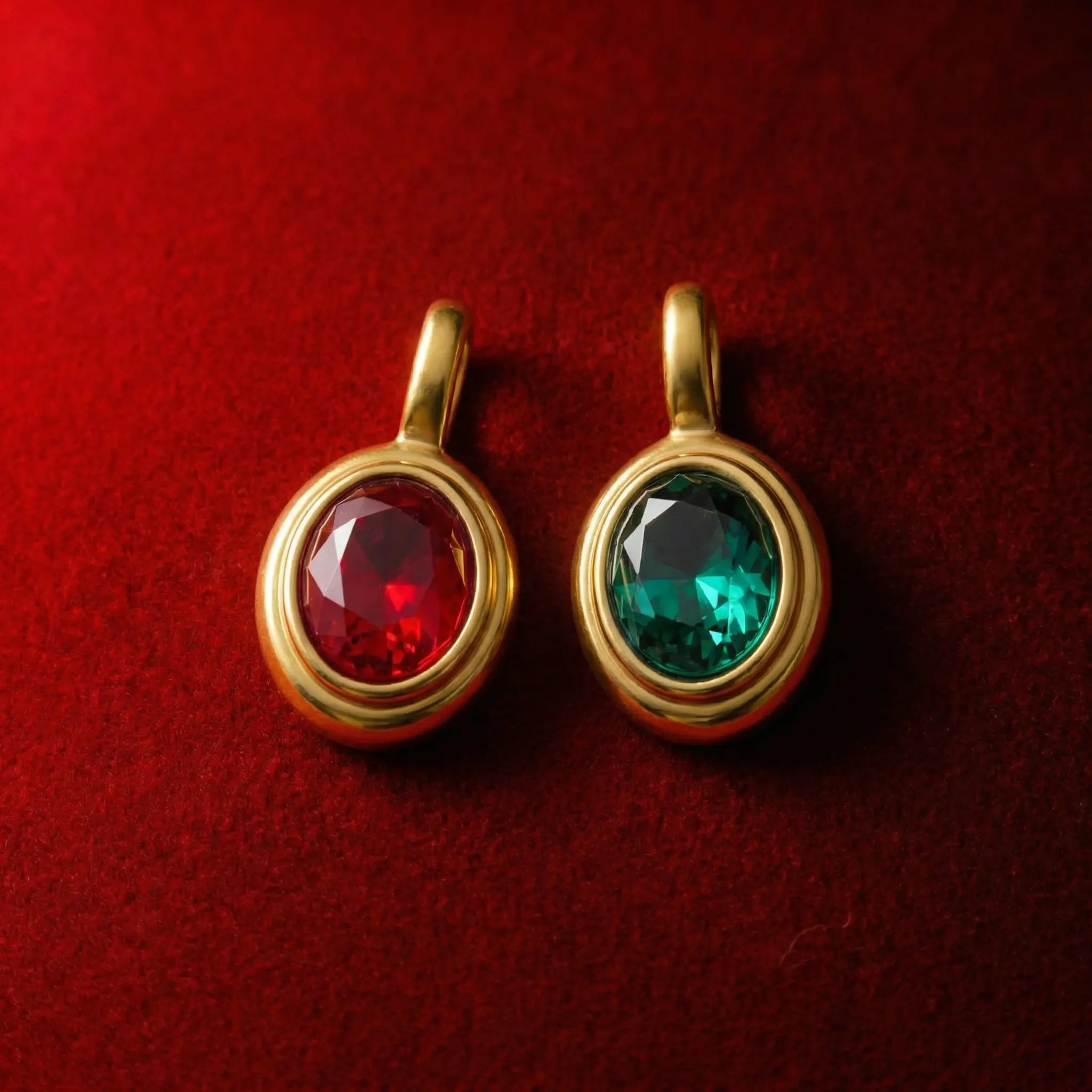 A dazzling 5A-grade red and green zirconia, meticulously hand-set in an 18K gold-plated pendant base