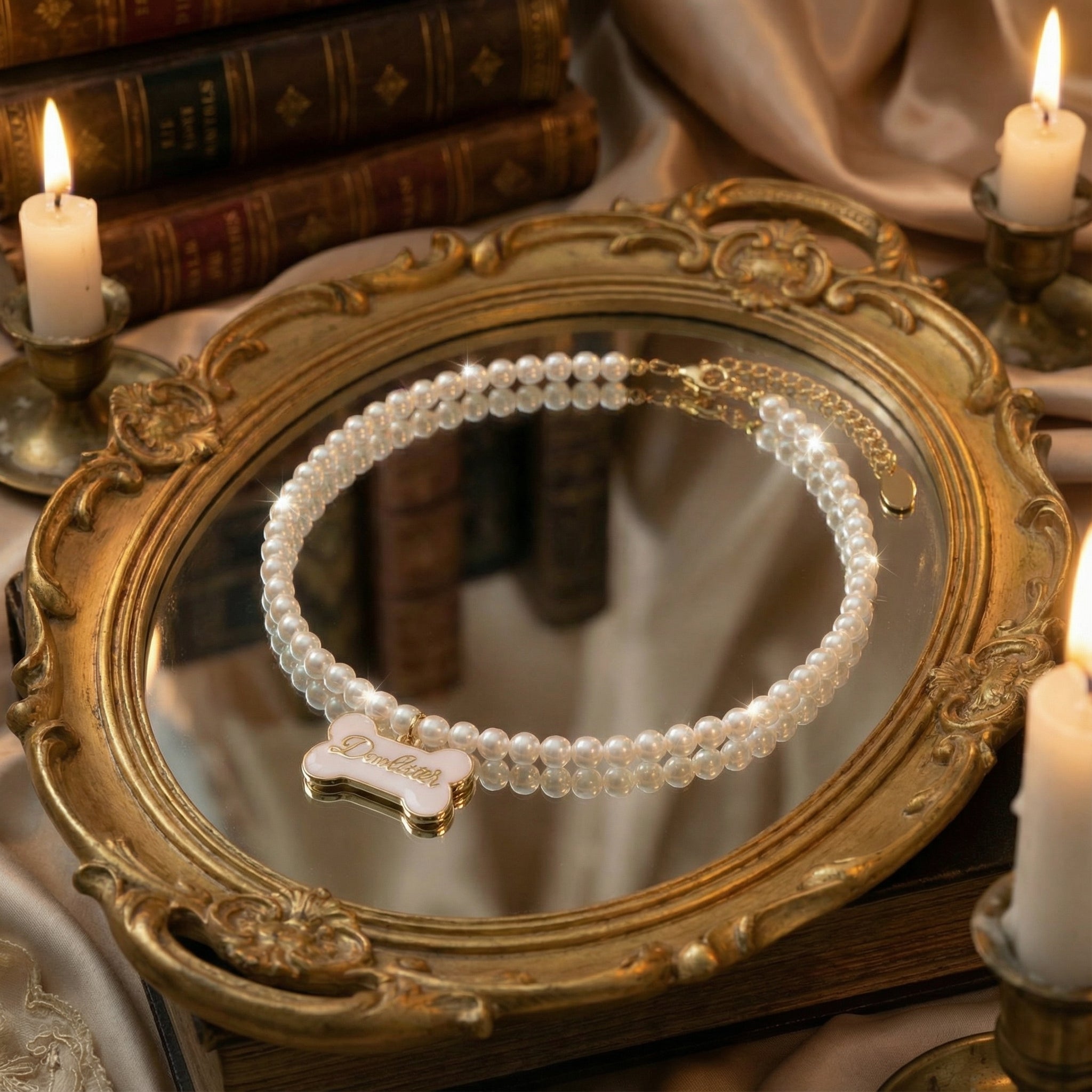 Flat lay photograph of freshwater pearl necklace with a cream white enamel dog bone charm detail