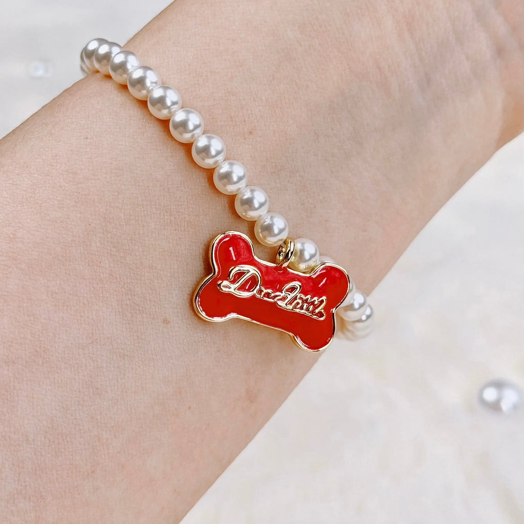 The Gilded Bone Rococo Pearl Bracelet(Red Enamel Bone)  Selviora