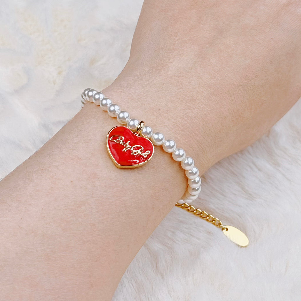 Freshwater Pearl Bracelet: Timeless Classic for Everyday Pearl Jewelry(Red Enamel Heart-Shaped Pendant)  Selviora