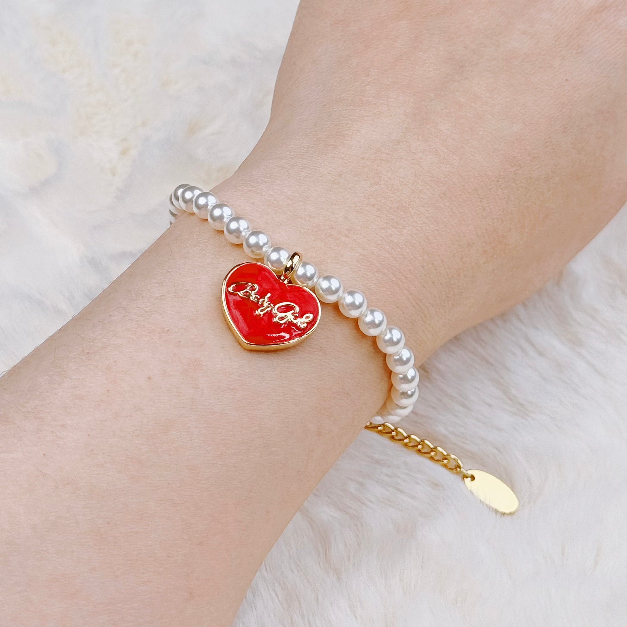 Freshwater Pearl Bracelet: Timeless Classic for Everyday Pearl Jewelry(Red Enamel Heart-Shaped Pendant)  Selviora