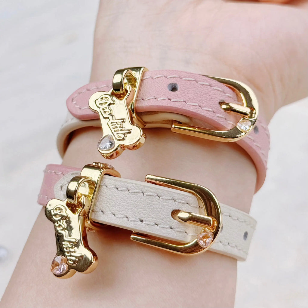 Puppy Bone Cherry Blossom Pink Leather Pendant Bracelet  Selviora