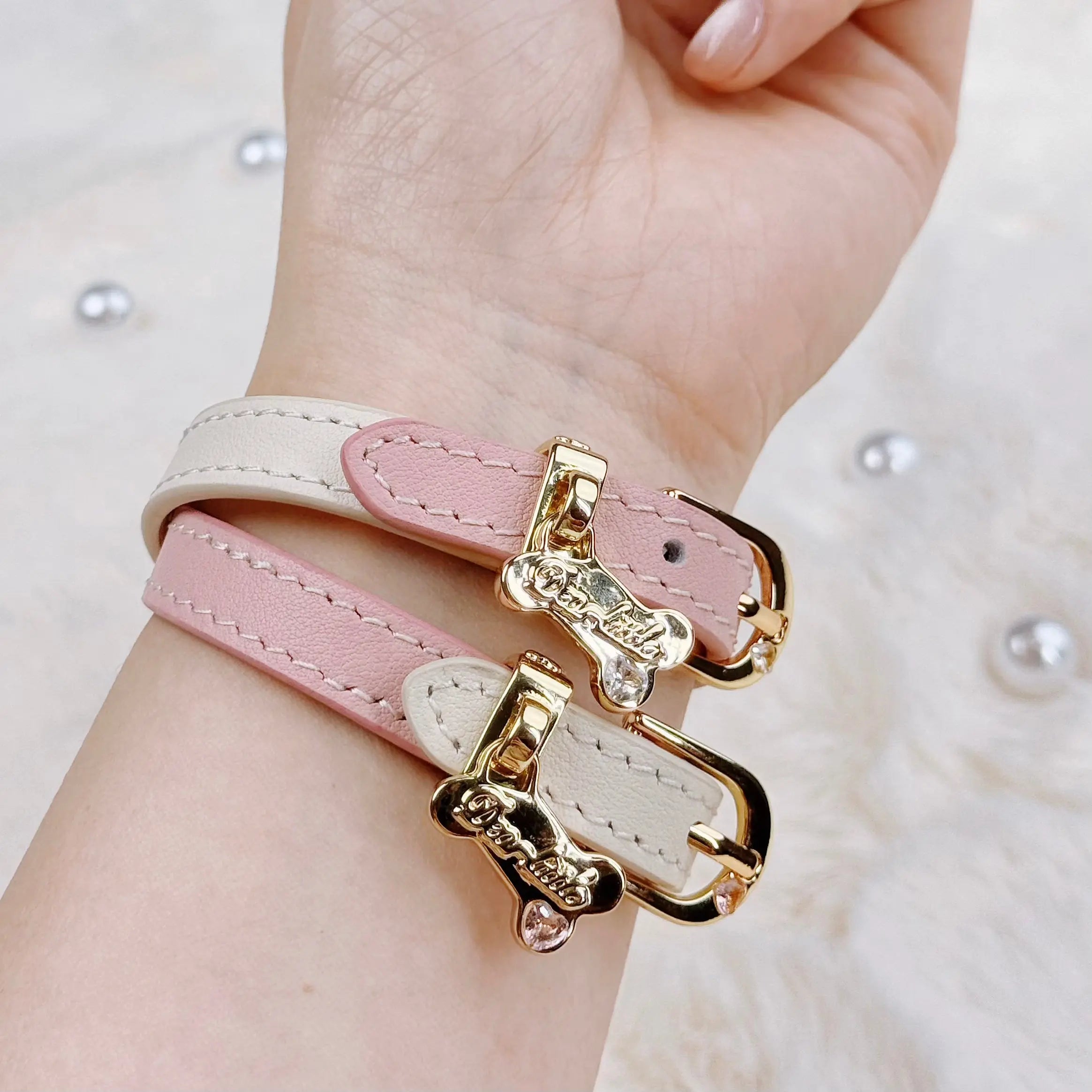Puppy Bone Cream White Leather Pendant Bracelet  Selviora
