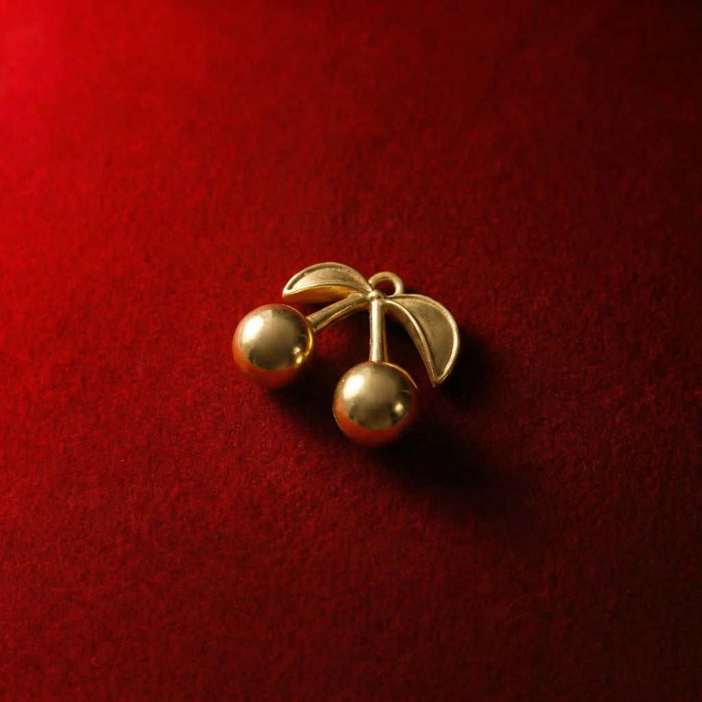 Smooth golden enamel cherry pendant Sparkling crystal cherry pendant with golden stem