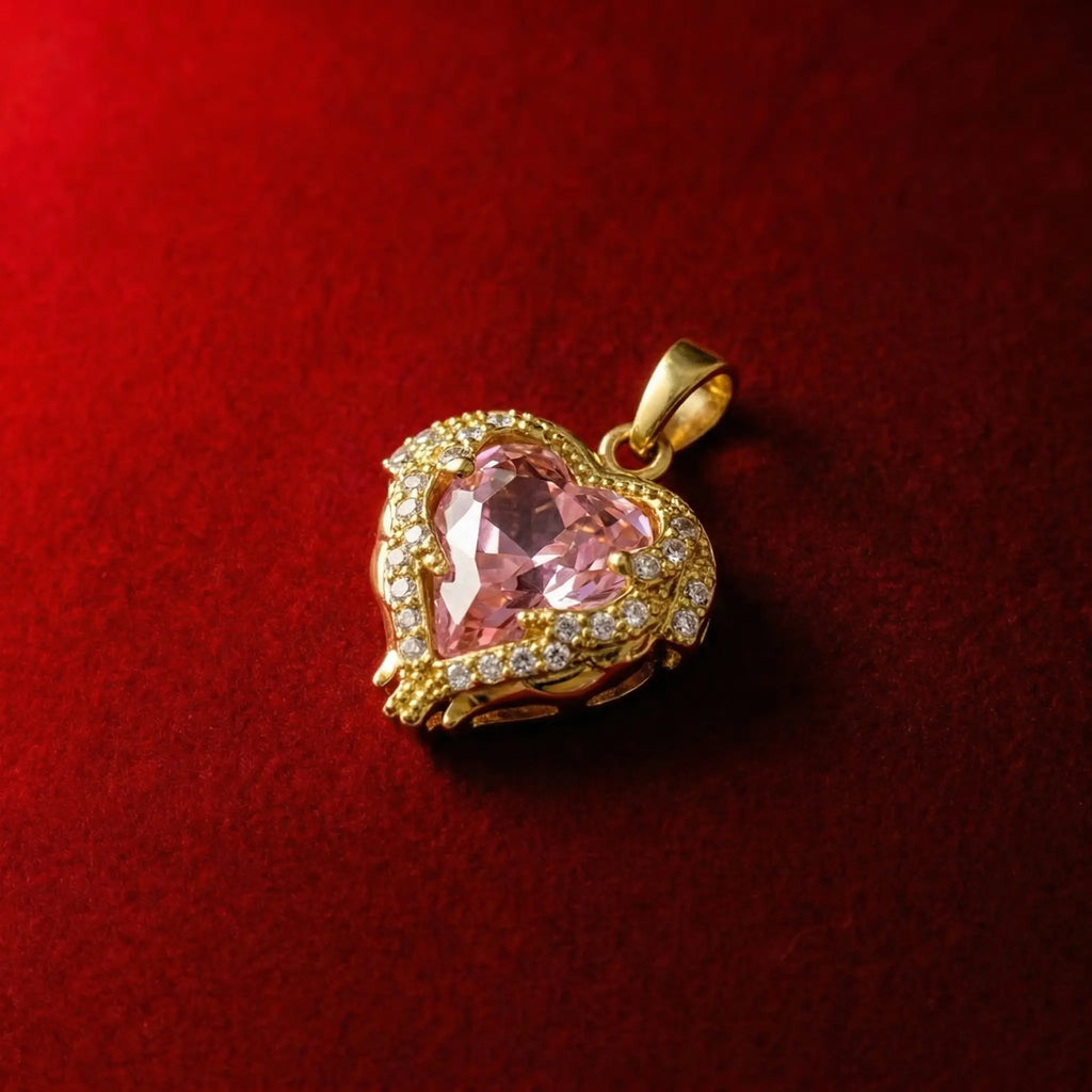 Close-up of Gothic-style heart-shaped multicolor zirconia pendant, 18K gold-plated brass pendant, suitable for sliding chain necklaces, Pink pendant 