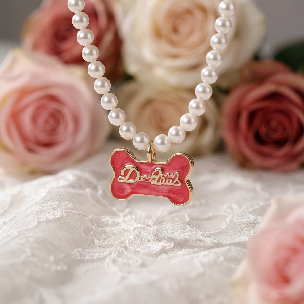 The Signature Freshwater Pearl Choker with Gold Enamel Charm(Red Bone Pendant)